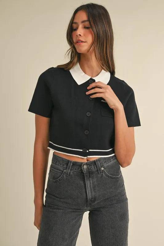 MABLE Button Down Contrast Collared Knit Cardigan