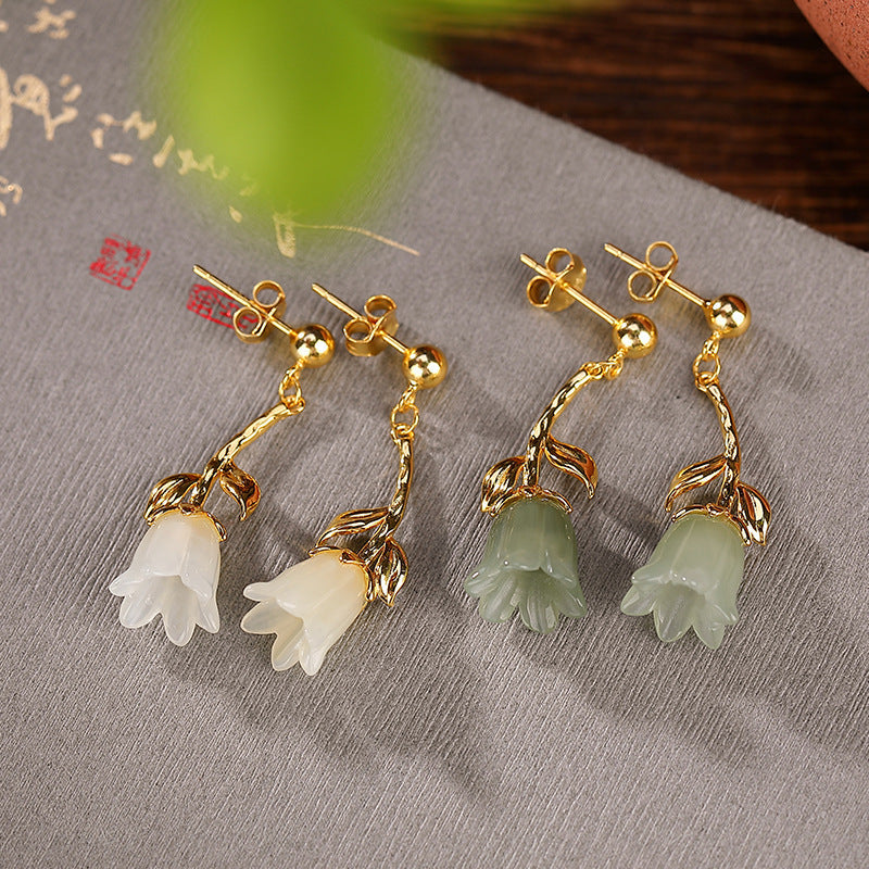 S925 Sterling Silver Gold-plated Jade Blue Bell Flower Stud Earrings