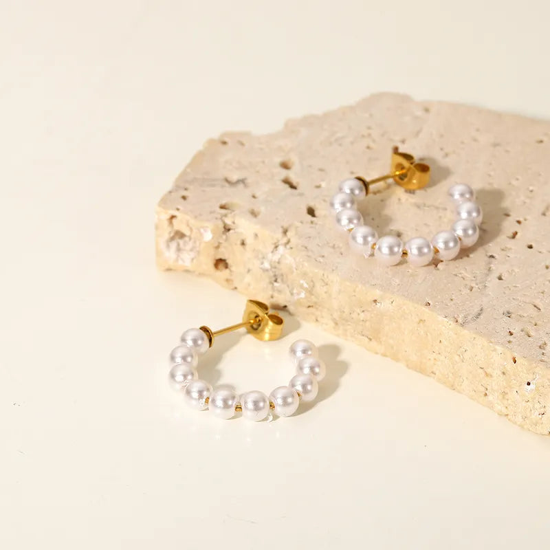 Cream Beaded Hoops-Titanium