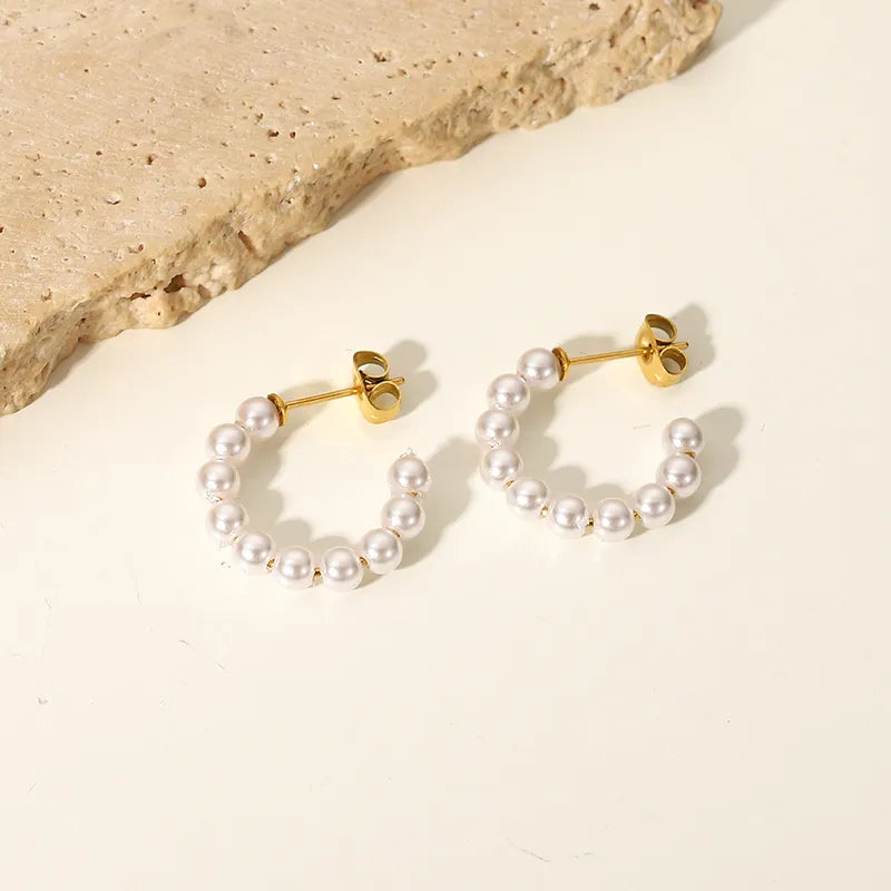 Cream Beaded Hoops-Titanium