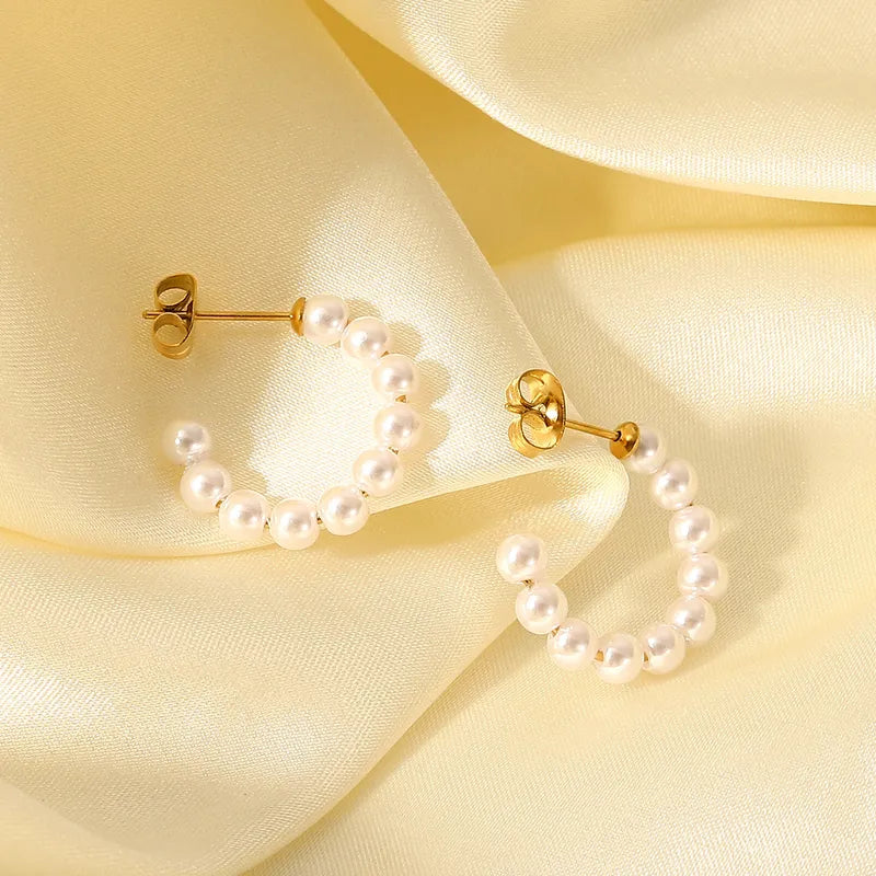 Cream Beaded Hoops-Titanium