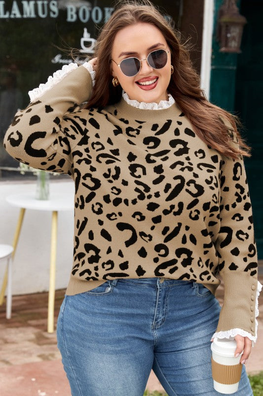 Plus Size Leopard Knit Lacy Trim Long Sleeve Sweat