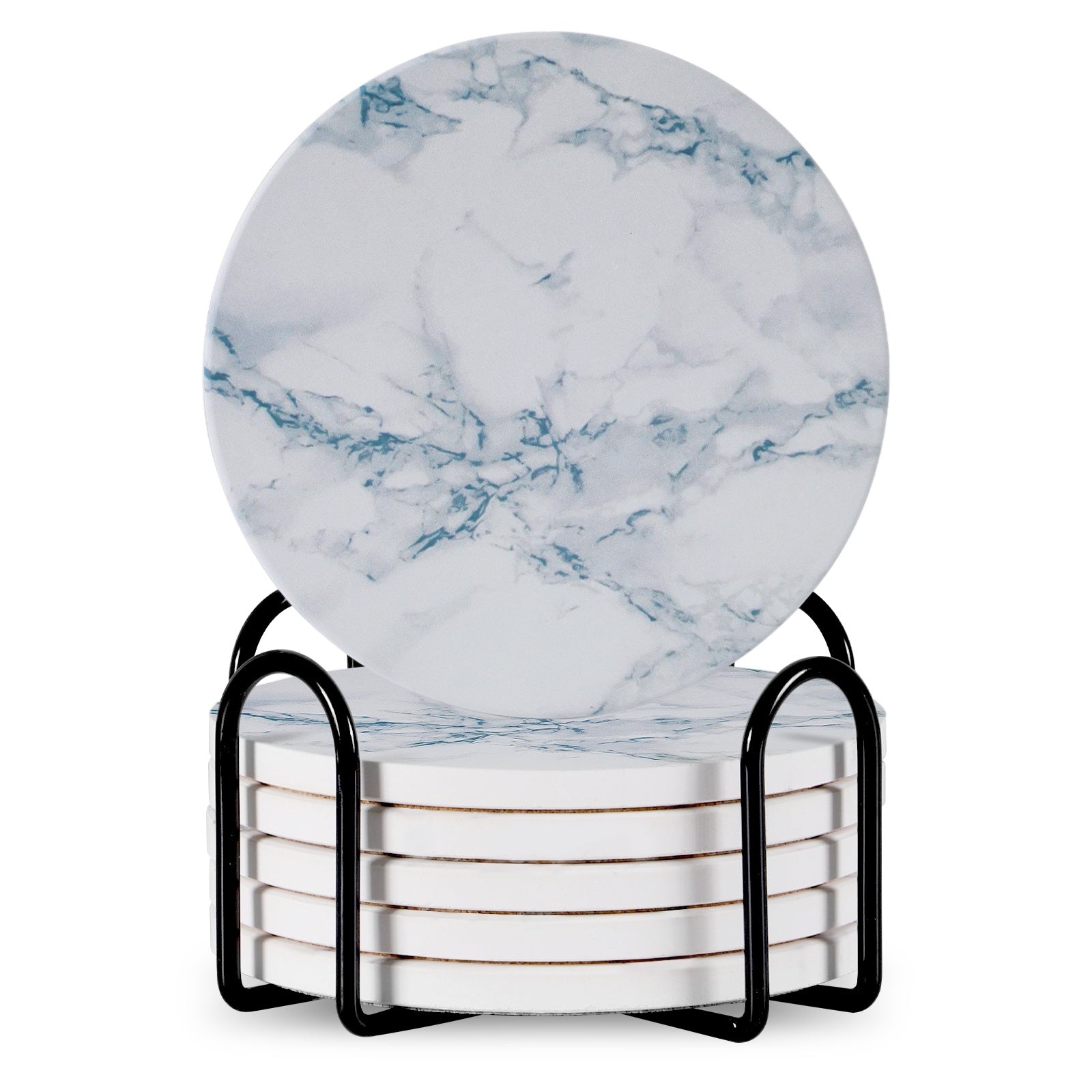 Set Of 6 Beverage Coasters With Stand Round 4in Ceramic Coaster With Metal Stand Absorbent Marble Stone Coaster With Cork Base