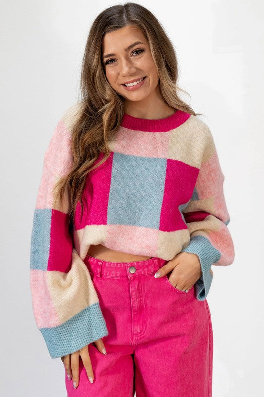 Rose Red Color Block Drop Shoulder Loose Fit Sweat