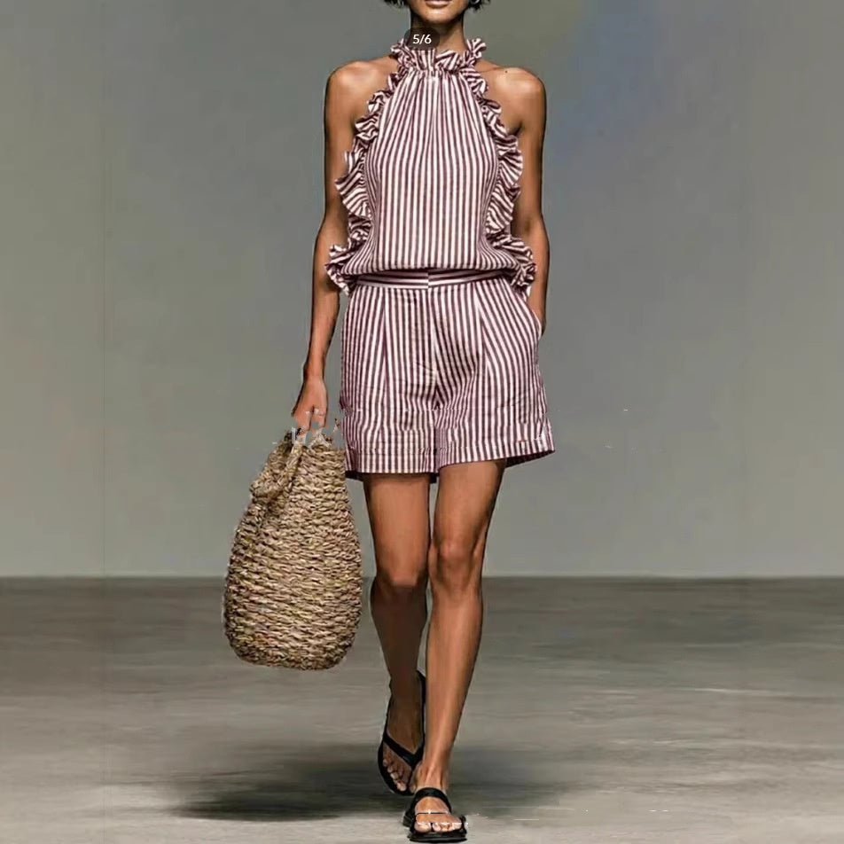 Women's Striped Stand Collar Sleeveless Top & Shorts Set