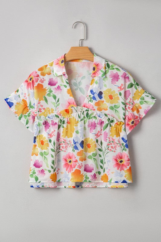 Liberty Floral Boxy Fit Ruffled Short Sleeve V Nec