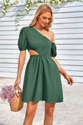 One Shoulder Puff Sleeve Fit Flare Short Dress