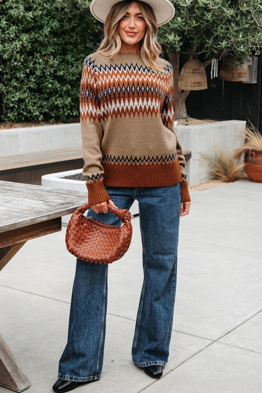 Western Aztec Geometric Colorblock Crewneck Sweate