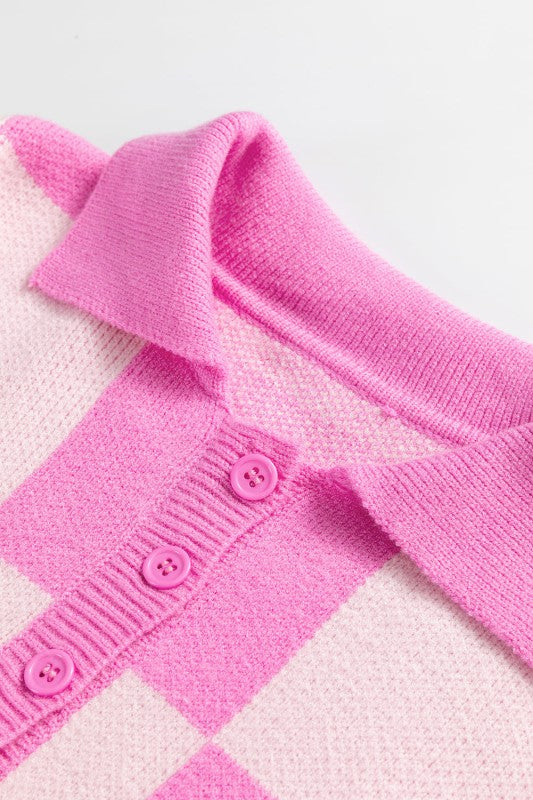 Checker Half Buttoned Collar Drop Shoulder Sweater