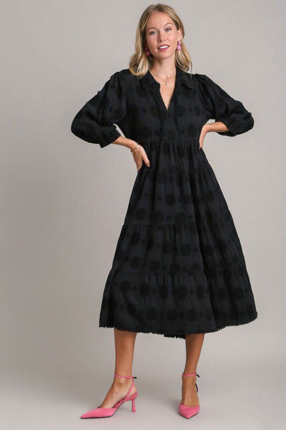 Umgee Full Size Solid Dotted Jacquard Midi Dress Plus Size
