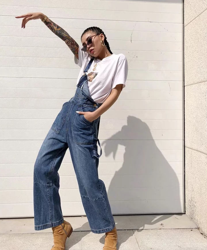 Loose Pocket Overalls Denim Pants
