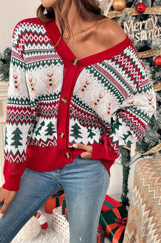 Christmas Print Knit Button Down Loose Cardigan