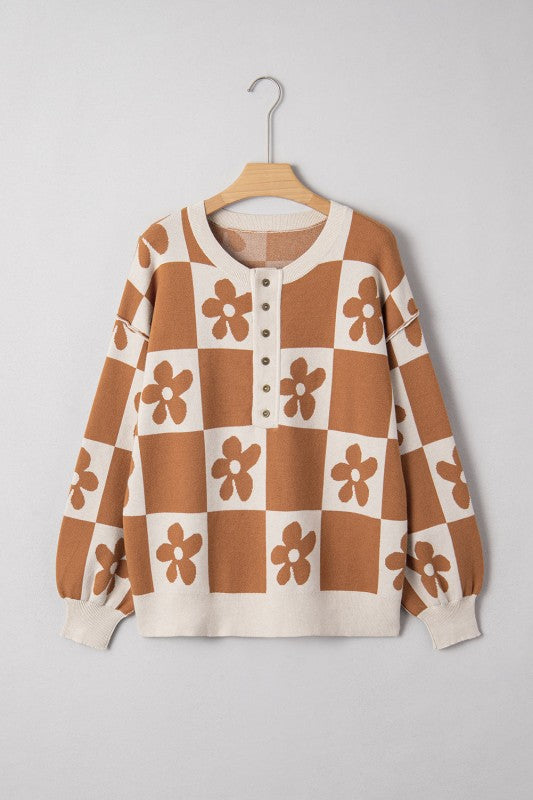 Flower Checker Henley Baggy Sweater