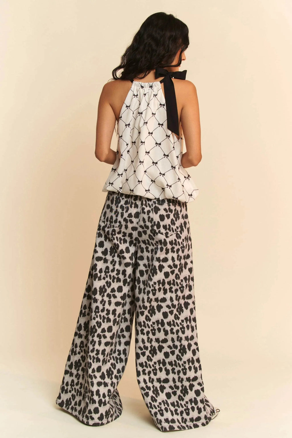 Davi & Dani Ribbon Checker Printed Tie Halter Neck Blouse Top