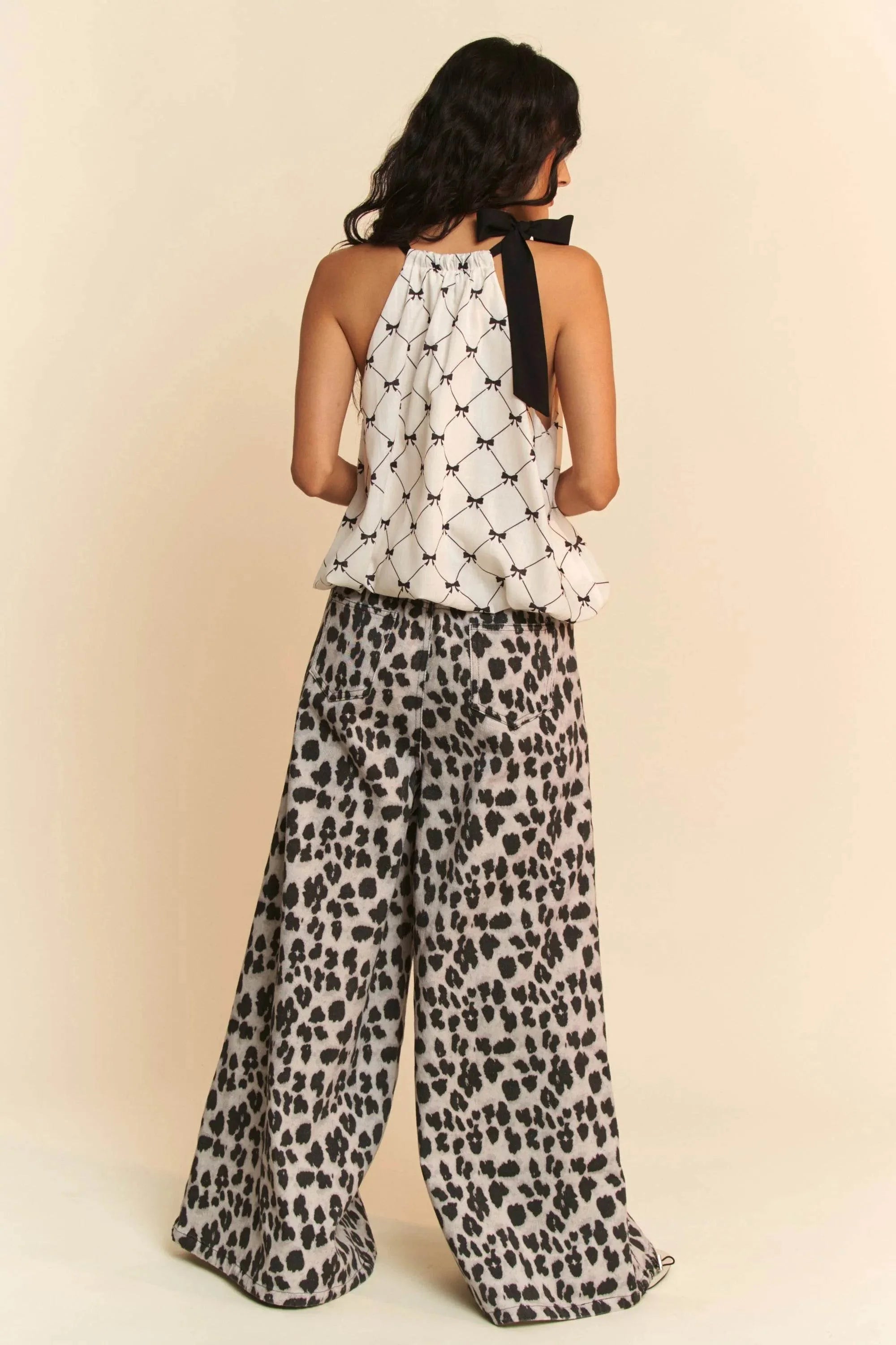 Davi & Dani Ribbon Checker Printed Tie Halter Neck Blouse Top
