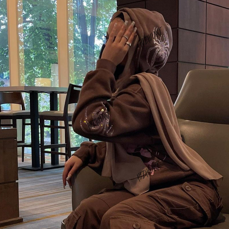 Brown Print Hooded Oversized Sweatshirt