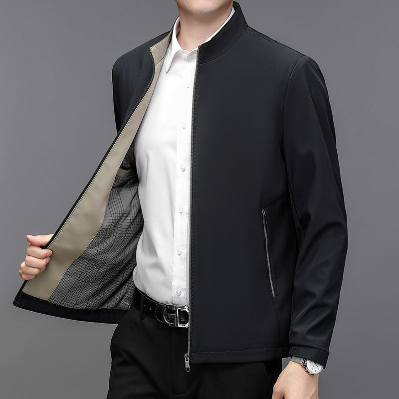 Men's Stand Collar Casual Jacket - Lightweight Middle-Aged Outerwear (Blue/Black/Brown, Sizes 170-195cm)