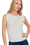 Zenana Ribbed Ruffle Trim Sleeveless Stripe Top