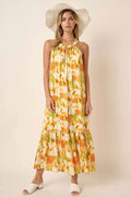 Mittoshop Watercolor Print Halter Neck Satin Maxi Dress