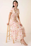 Mittoshop Flower Print Flutter Sleeve V Slit Maxi Dress