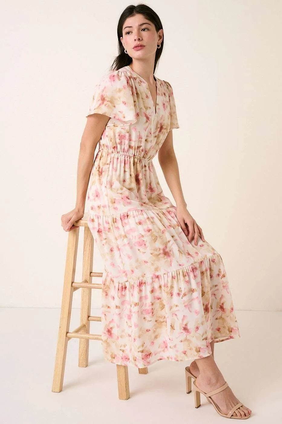Mittoshop Flower Print Flutter Sleeve V Slit Maxi Dress