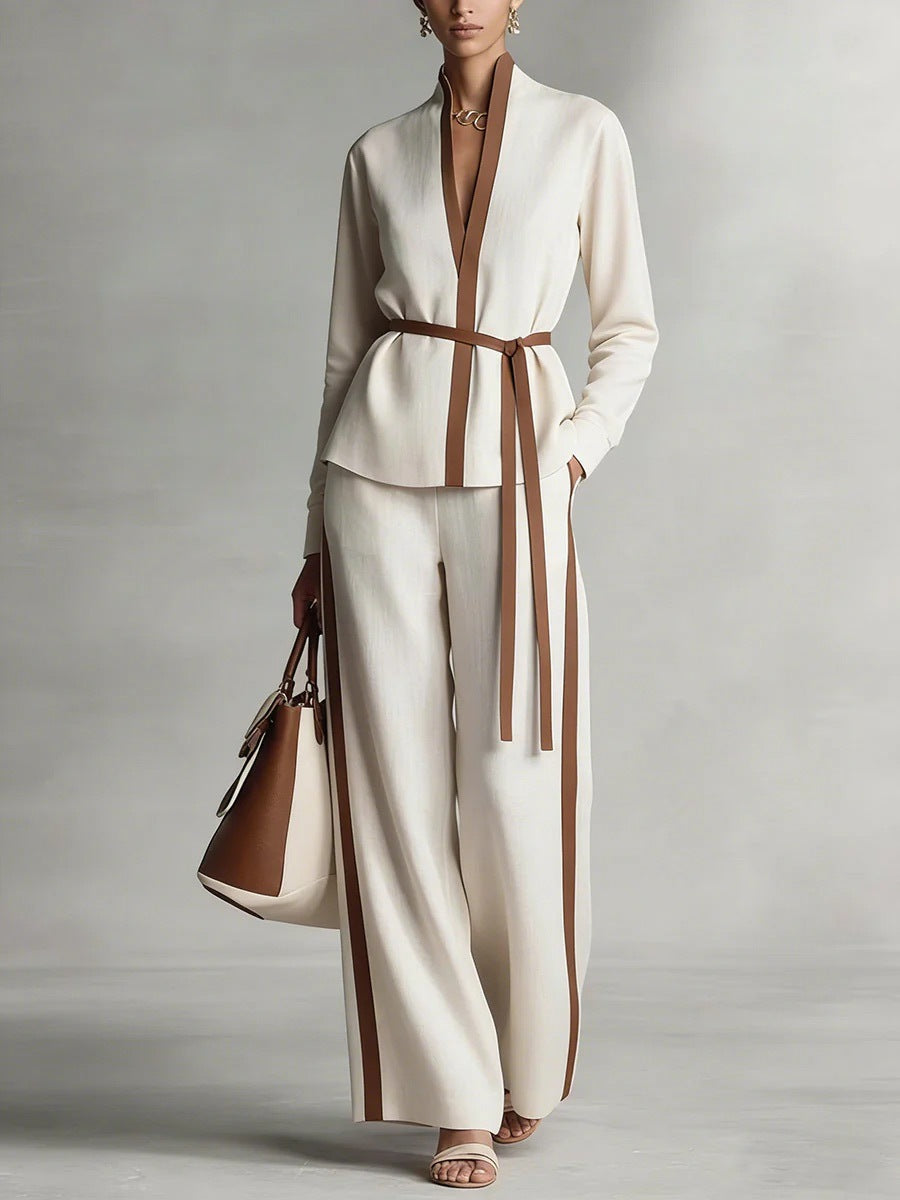 Women’s Patchwork Cardigan & Wide Leg Pants Two Piece Set