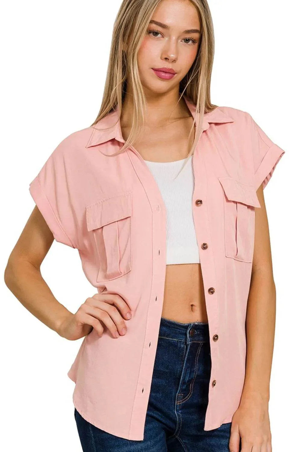 Zenana Tencel V-neck Collared Top W Front Flap Pockets