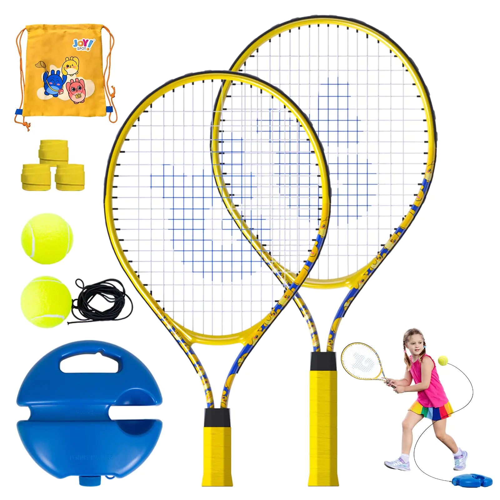 Kids Tennis Rackets 2 Pack with Tennis Trainer Rebound Balls Size 19" & 21" Tennis Training Equipment for Parent-Child Activities Portable Beginners Junior Youth Tennis Practice Kit for Boy Girl
