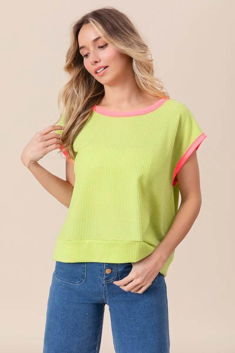 BiBi Cord Rib Knit Contrast Banded Top