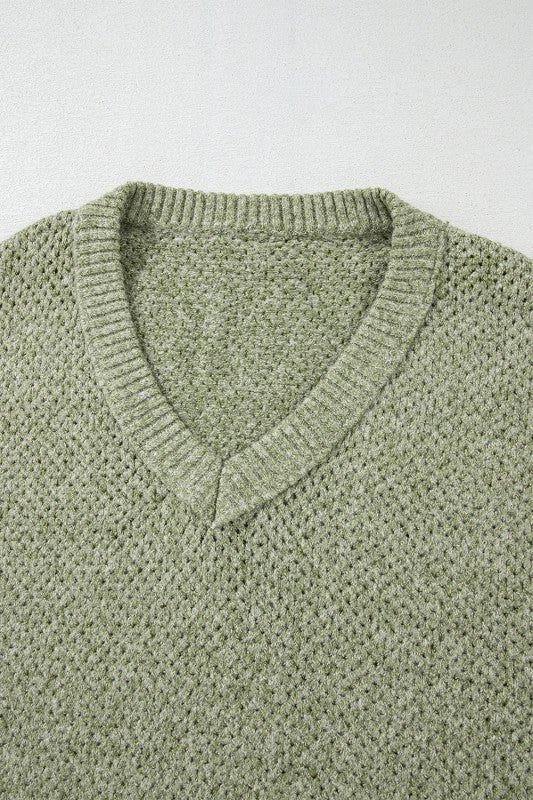 Solid Eyelet V-Neck Drop Shoulder Sweater