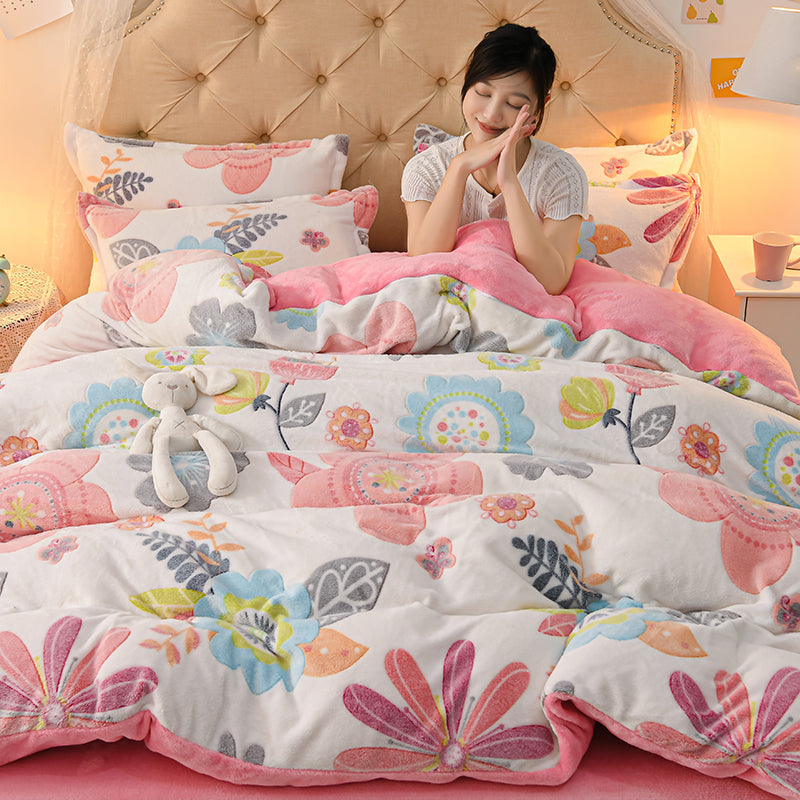 Coral Velvet Sheet Duvet Cover Double Sided Plus Velvet Thick Bedding Set