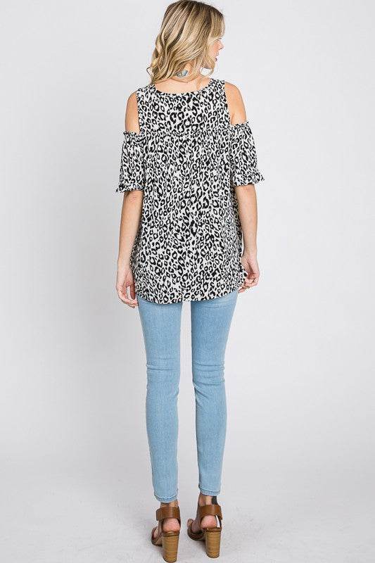 Heimish Full Size Leopard Round Neck Cold Shoulder T-Shirt Plus Size