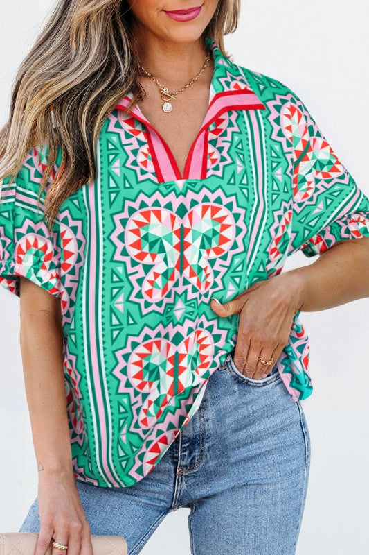 Kamiyah Boho Abstract Striped Collared V Neck Blou