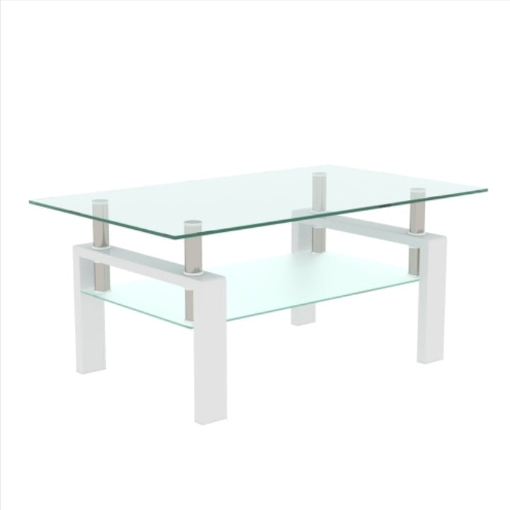 White Glass Coffee Table - Modern Clear Center Table for Living Room 39.37x23.62x17.70 Inches