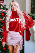Christmas Merry Embroidered Puff Sleeve Turtleneck