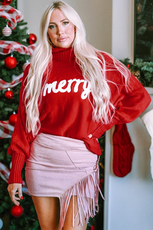 Christmas Merry Embroidered Puff Sleeve Turtleneck