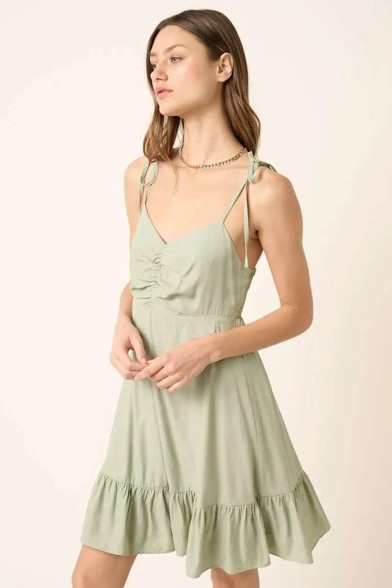 Mittoshop Ruched Detail Spaghetti Tie Mini Dress