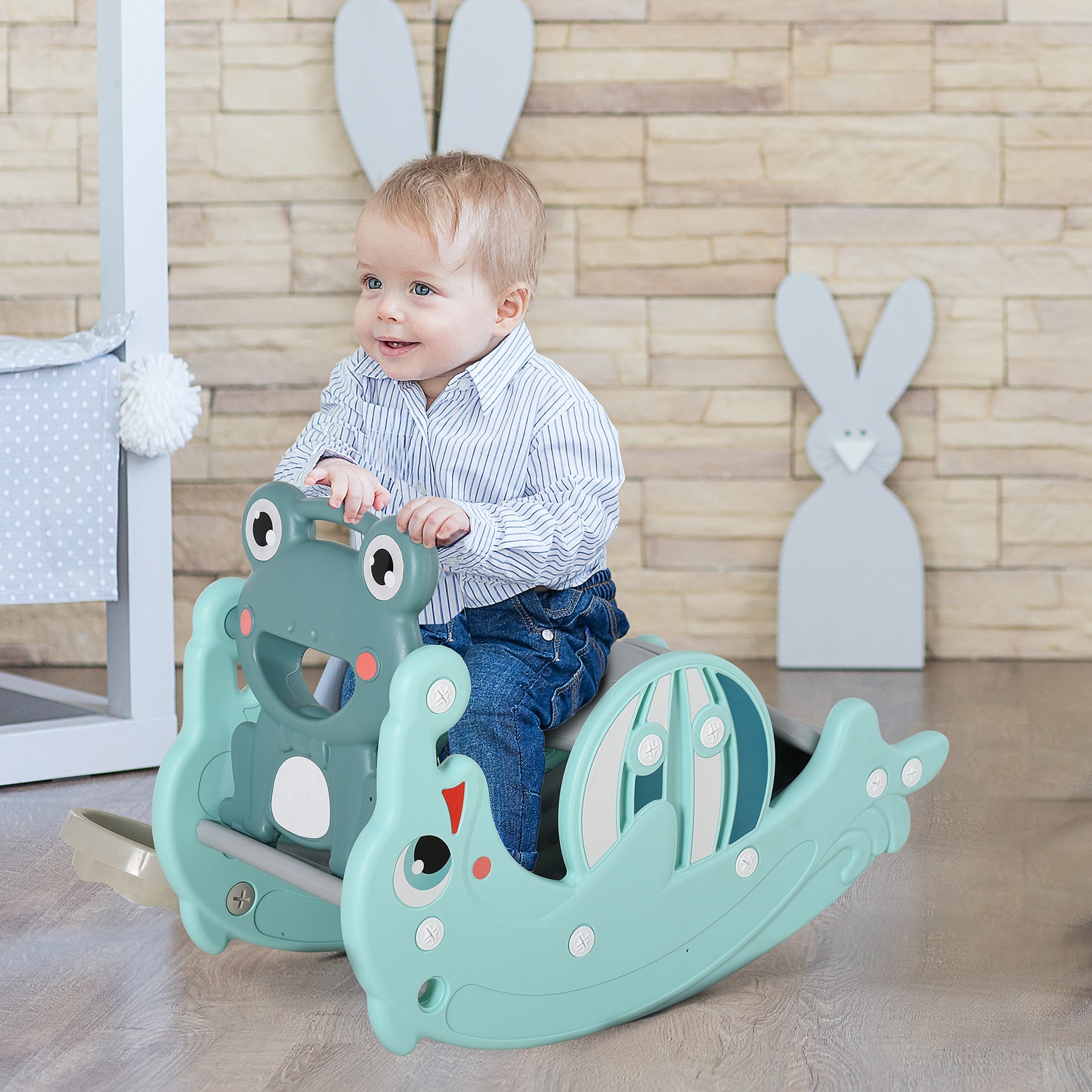 3-in-1 Kids Portable Slide Rocking Horse Toy with Basketball Hoop for Age 1.5-3 Boys and Girls