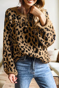 Light French Beige Rib Trim Round Neck Leopard Print Off-shoulder Sweater