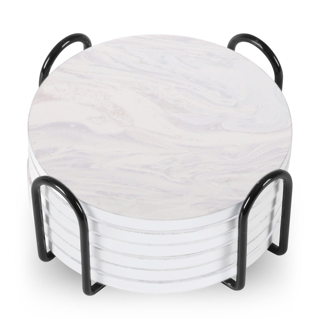 Set Of 6 Beverage Coasters With Stand Round 4in Ceramic Coaster With Metal Stand Absorbent Marble Stone Coaster With Cork Base