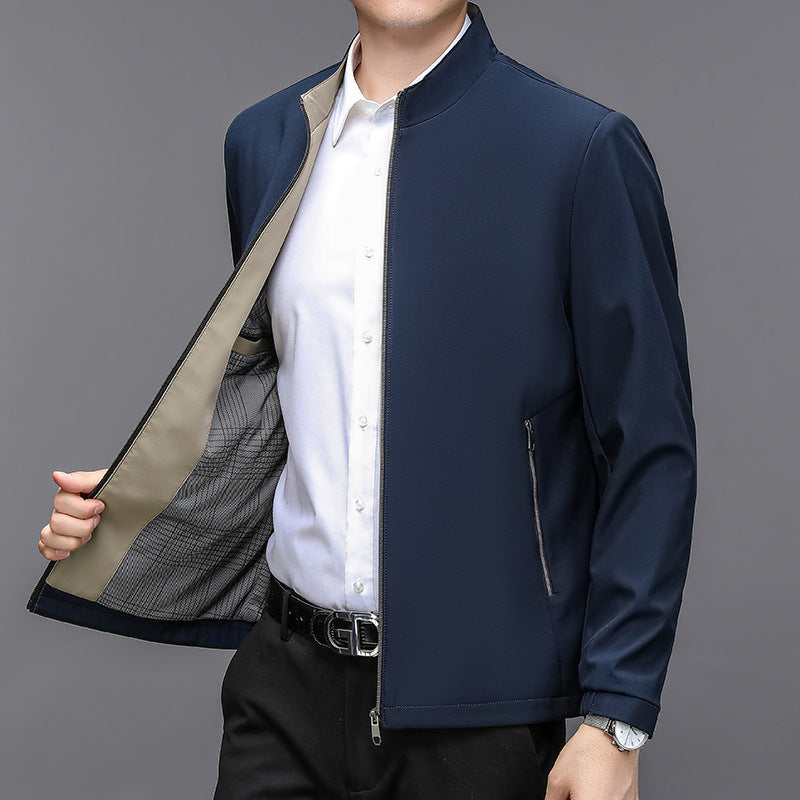 Men's Stand Collar Casual Jacket - Lightweight Middle-Aged Outerwear (Blue/Black/Brown, Sizes 170-195cm)
