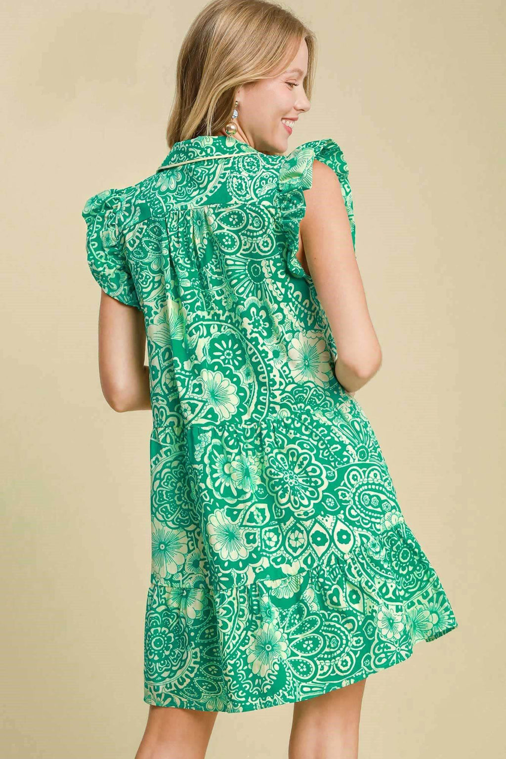 Umgee Full Size Printed Ruffle Cap Sleeve Babydoll Dress Plus Size