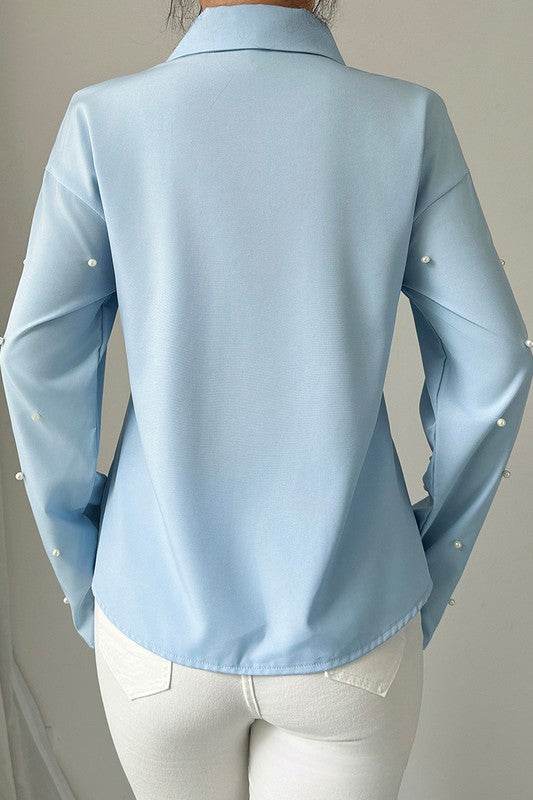 Solid Tie Front Pearl Embellished Fit Blouse