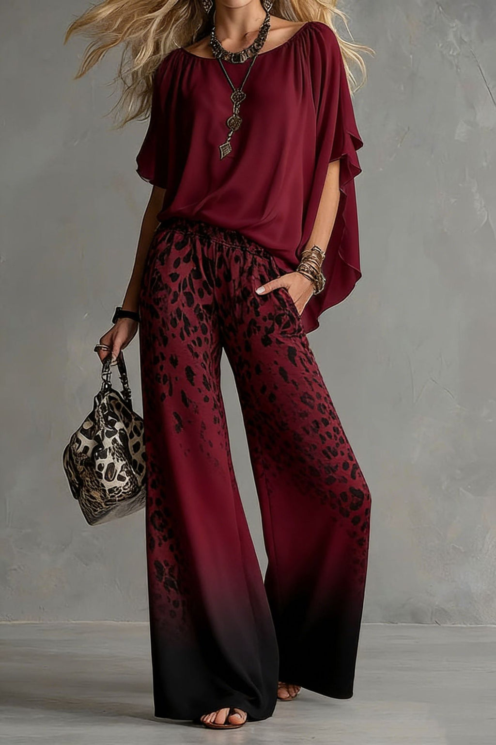 Chiffon Puff-Sleeve Top & Wide-Leg Pants Set – 15 Colors