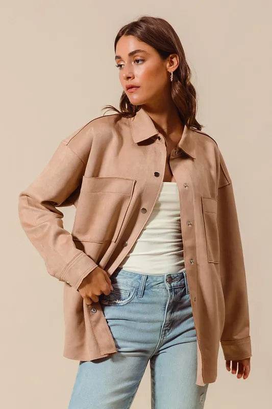 SO ME Faux Sued Snap Shacket with Collar and Pockets