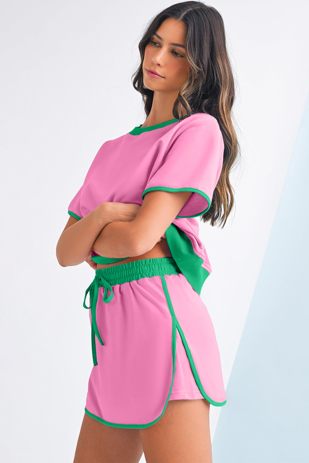 Luxury Colorblock Edge Drop Shoulder T Shirt and Skort Set