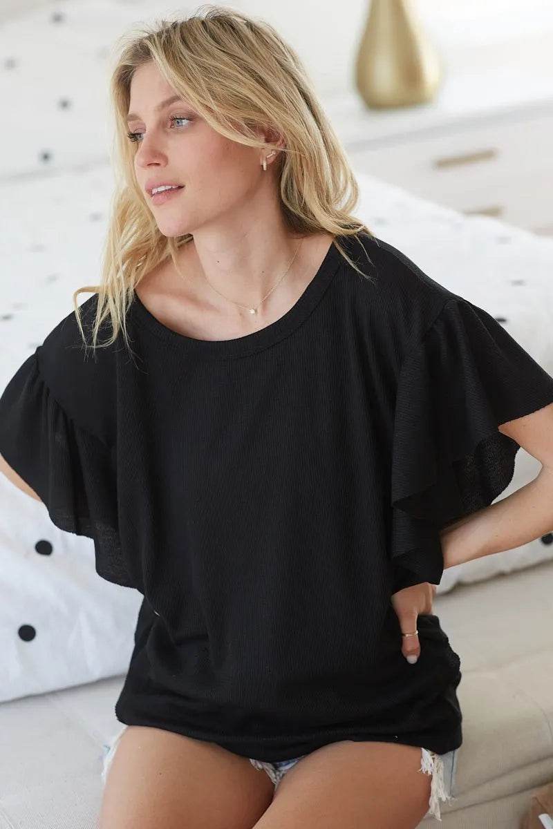 BiBi Thermal Knit with Ruffled Sleeve Top