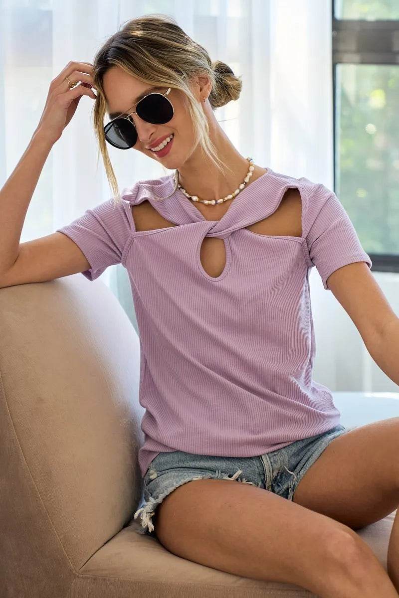BiBi Rib Knit with Cut Out and Front Twist Detailed Top