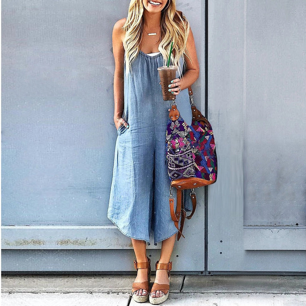 Crew-neck Sleeveless Casual Loose-fit Wide-leg Denim Jumpsuit