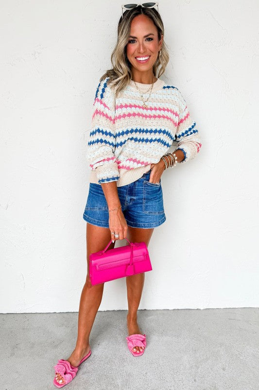 Stripe Eyelet Knit Drop Shoulder Sweater